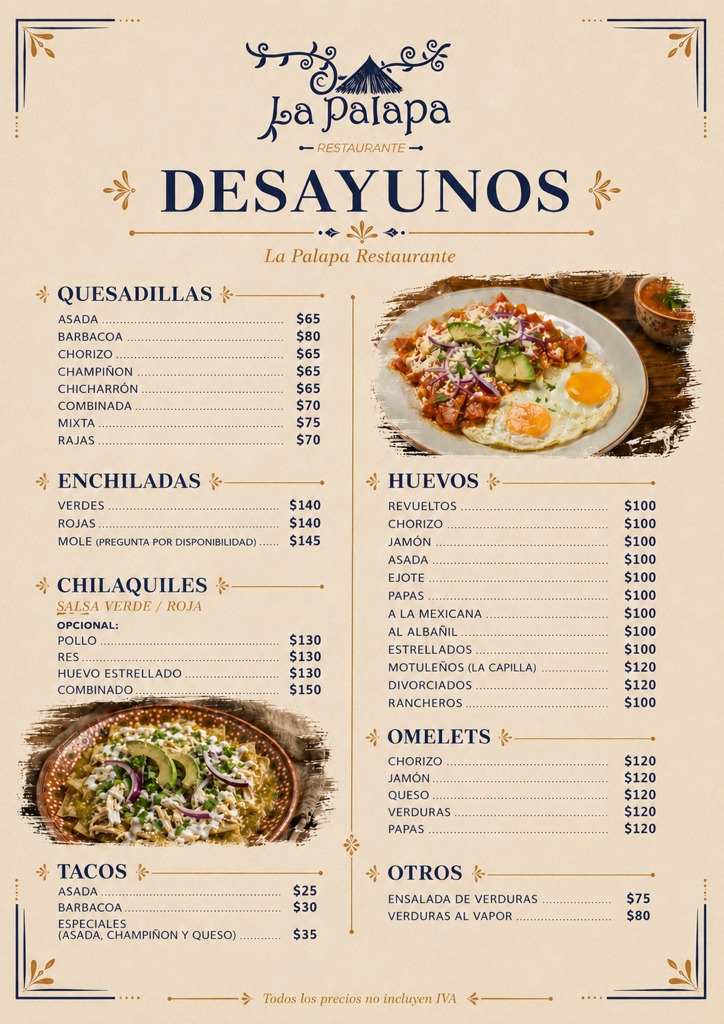 Menú de desayunos con quesadillas, enchiladas, chilaquiles, tacos, huevos, omelets y otros