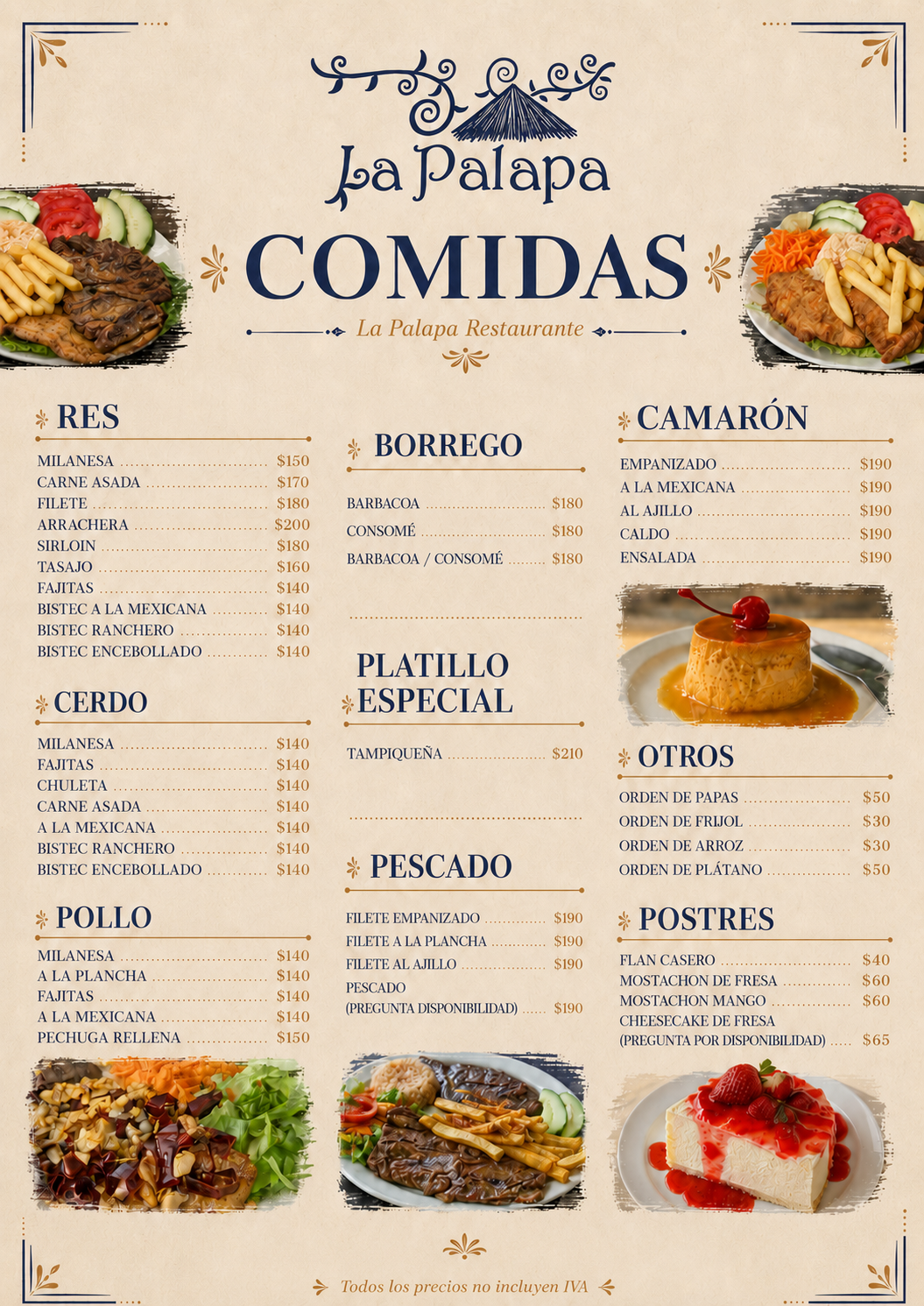 Menú de comidas con res, cerdo, pollo, borrego, pescado, camarón, postres y guarniciones