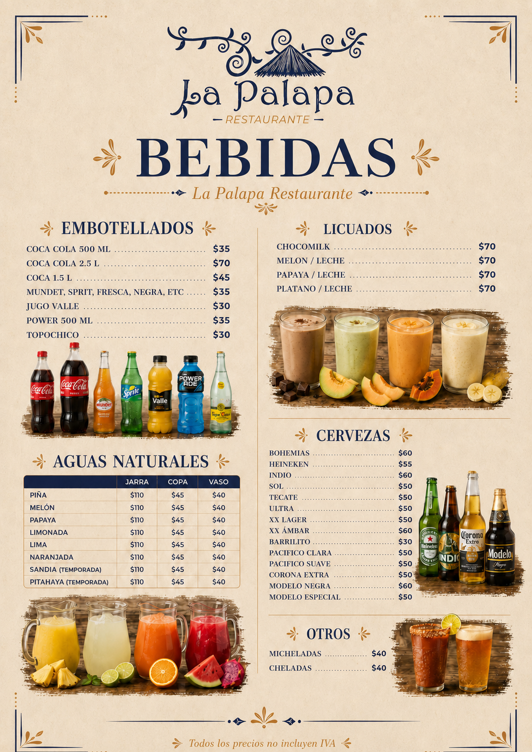 Menú de bebidas con embotellados, aguas naturales, licuados, cervezas y micheladas